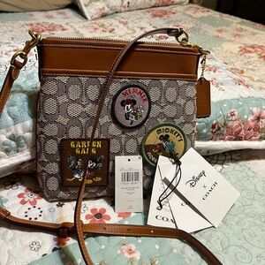 Coach Brown Signature Canvas Crossbody with Mickey Patches with Disney key chain